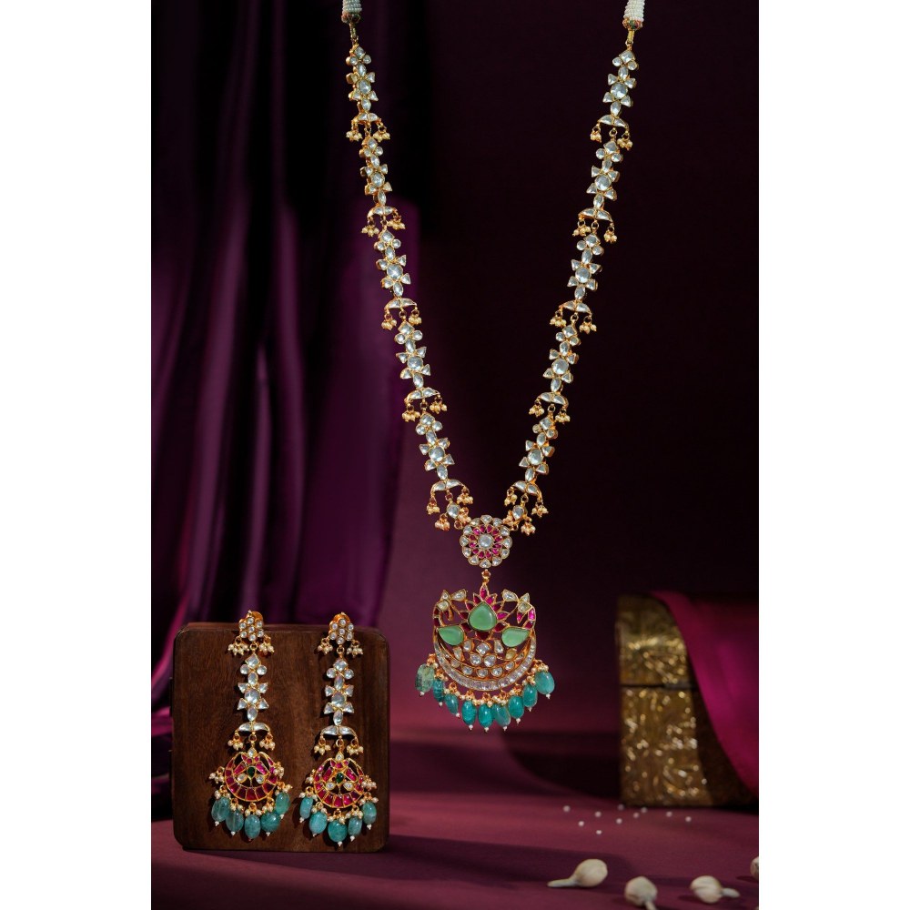 RIANA JEWELLERY Jadau Long Pendant Necklace With Ruby Stones And Sea Green Pastel Beads