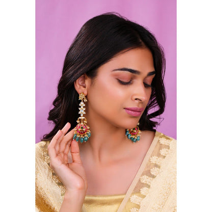 RIANA JEWELLERY Jadau Long Pendant Necklace With Ruby Stones And Sea Green Pastel Beads