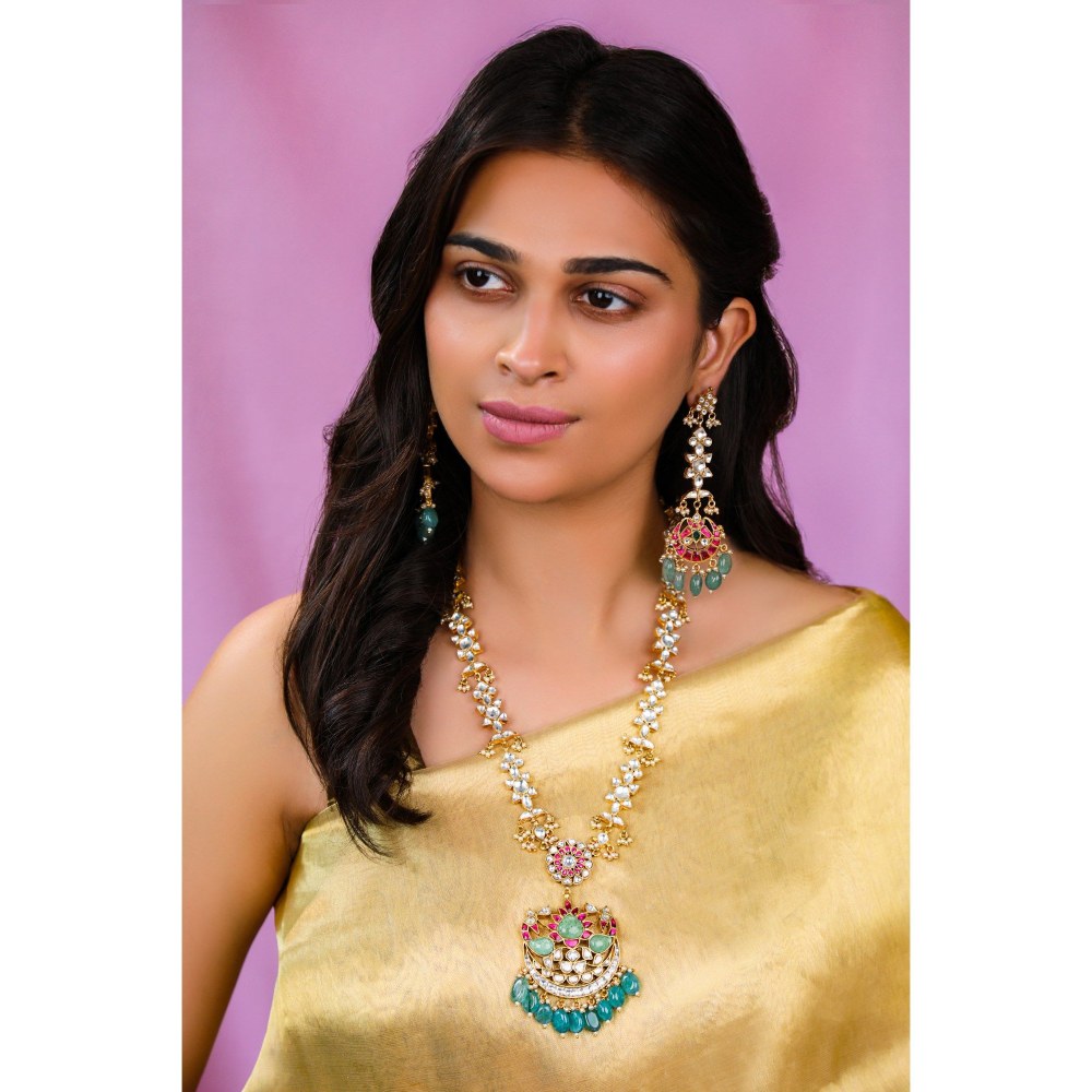 RIANA JEWELLERY Jadau Long Pendant Necklace With Ruby Stones And Sea Green Pastel Beads