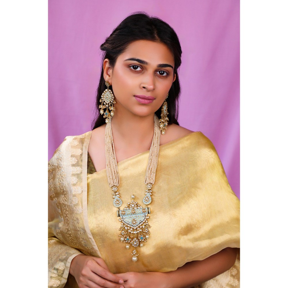 RIANA JEWELLERY Firozi Blue Pendant Necklace With Delicate Mina Work And Long Festive Wear Earrings