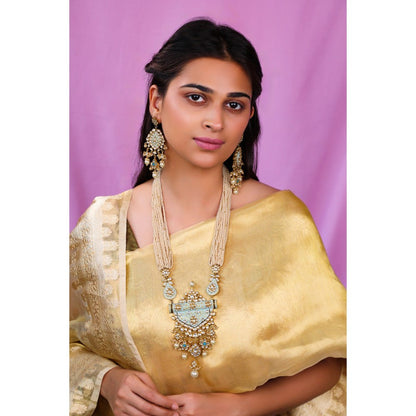 RIANA JEWELLERY Firozi Blue Pendant Necklace With Delicate Mina Work And Long Festive Wear Earrings