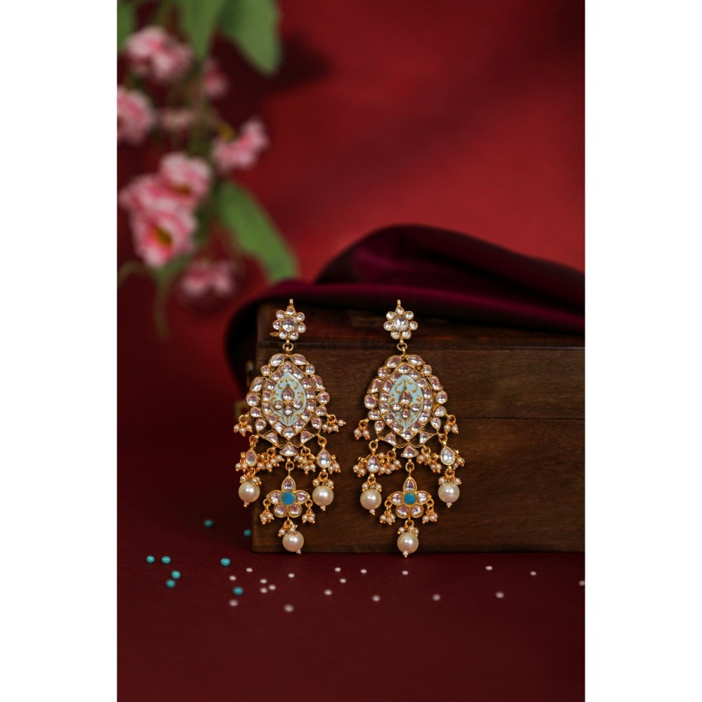 RIANA JEWELLERY Firozi Blue Pendant Necklace With Delicate Mina Work And Long Festive Wear Earrings