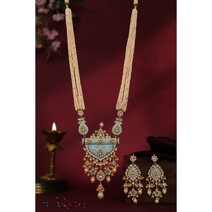 RIANA JEWELLERY Firozi Blue Pendant Necklace With Delicate Mina Work And Long Festive Wear Earrings