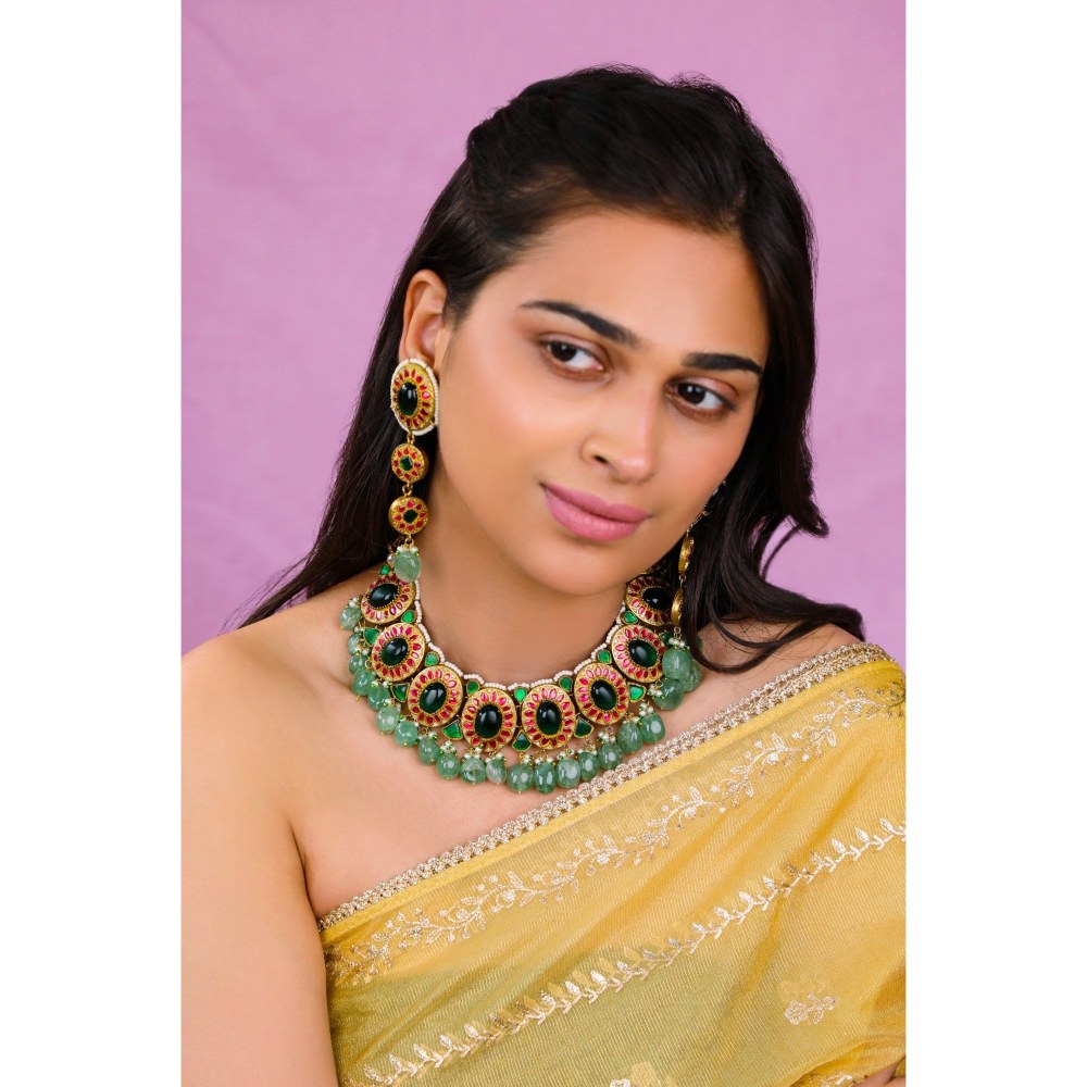 RIANA JEWELLERY Monzonite Necklace Set With Big Emerald Stone Drops And Jade Hangings