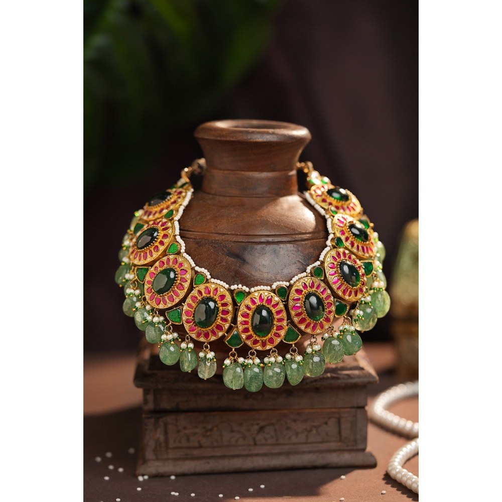 RIANA JEWELLERY Monzonite Necklace Set With Big Emerald Stone Drops And Jade Hangings