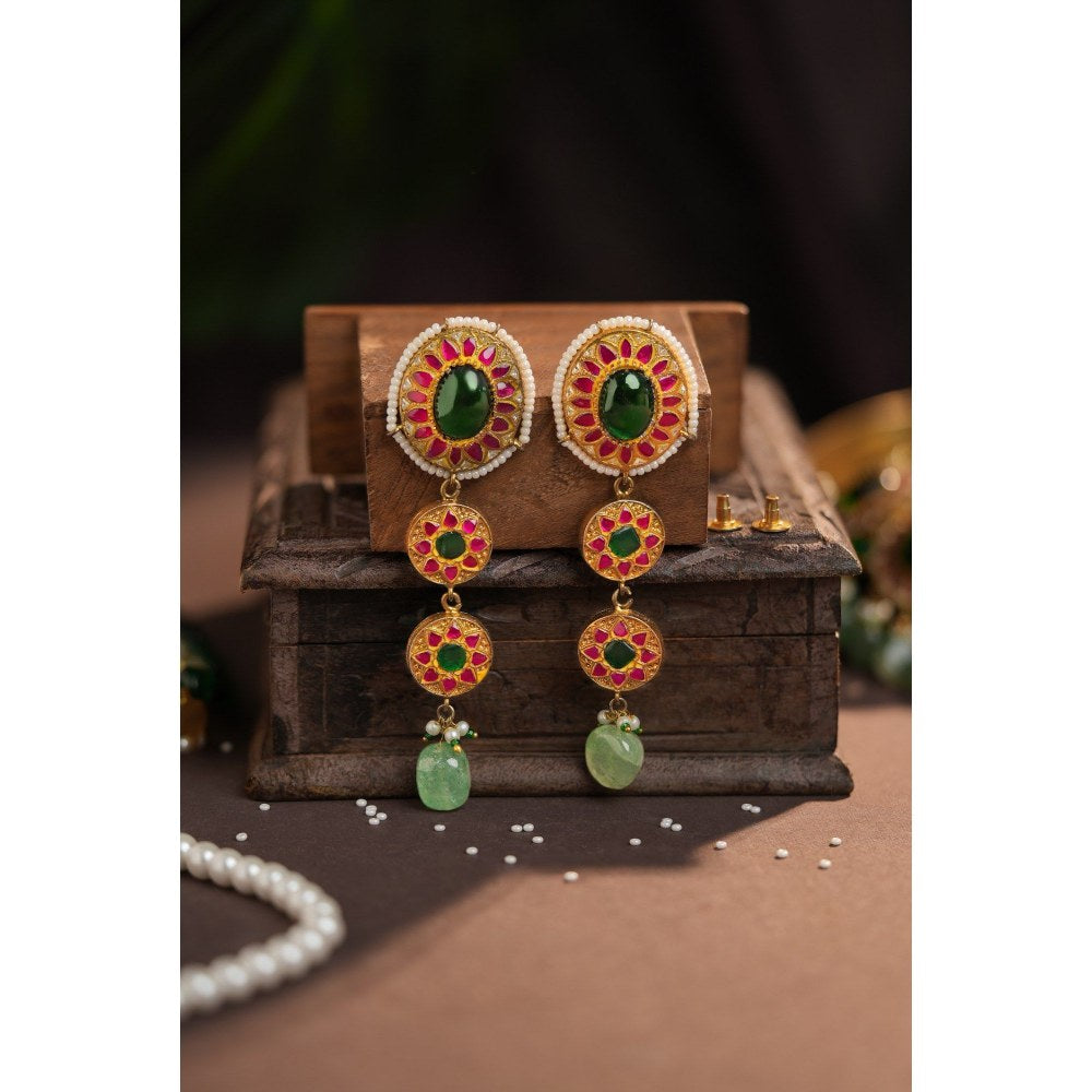 RIANA JEWELLERY Monzonite Necklace Set With Big Emerald Stone Drops And Jade Hangings