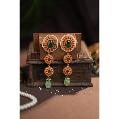 RIANA JEWELLERY Monzonite Necklace Set With Big Emerald Stone Drops And Jade Hangings
