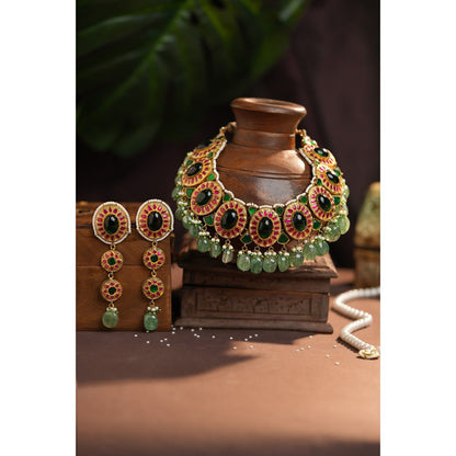 RIANA JEWELLERY Monzonite Necklace Set With Big Emerald Stone Drops And Jade Hangings