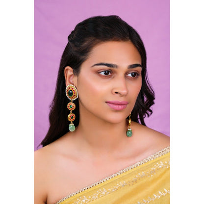 RIANA JEWELLERY Monzonite Necklace Set With Big Emerald Stone Drops And Jade Hangings