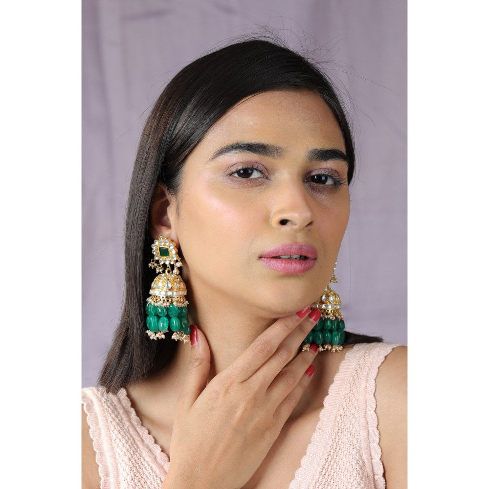 RIANA JEWELLERY Festive Wear Emerald Green Beads Floral Jhumki's