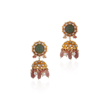 RIANA JEWELLERY Studded With Jade And White Polki Stones Pearl Drops Earrings