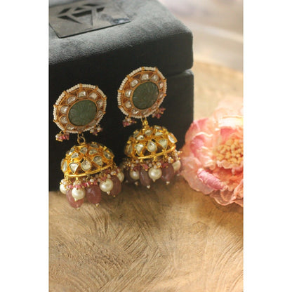 RIANA JEWELLERY Studded With Jade And White Polki Stones Pearl Drops Earrings