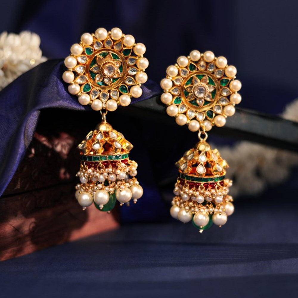 RIANA JEWELLERY Gold Plated Green And White Jhumka