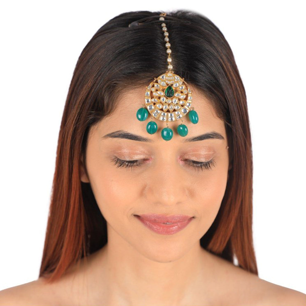RIANA JEWELLERY Green Beads White Maang Tikka