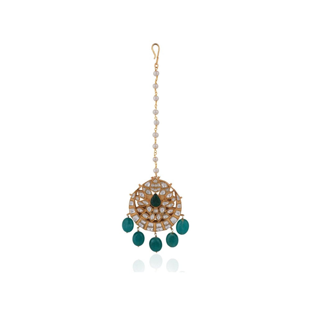 RIANA JEWELLERY Green Beads White Maang Tikka