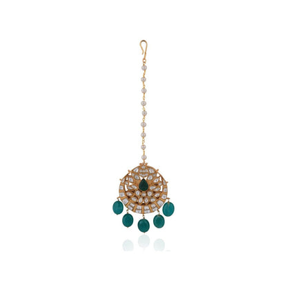 RIANA JEWELLERY Green Beads White Maang Tikka
