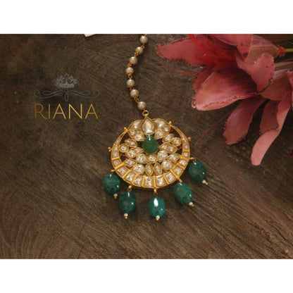 RIANA JEWELLERY Green Beads White Maang Tikka