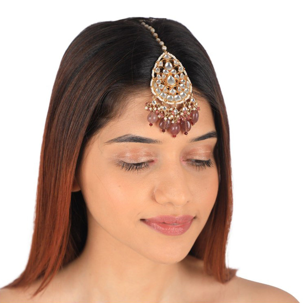RIANA JEWELLERY Pastel Pink Bead Gold Plated Maang Tikka