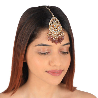 RIANA JEWELLERY Pastel Pink Bead Gold Plated Maang Tikka