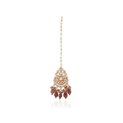 RIANA JEWELLERY Pastel Pink Bead Gold Plated Maang Tikka