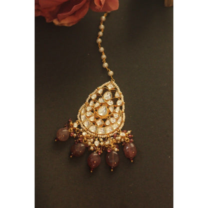 RIANA JEWELLERY Pastel Pink Bead Gold Plated Maang Tikka