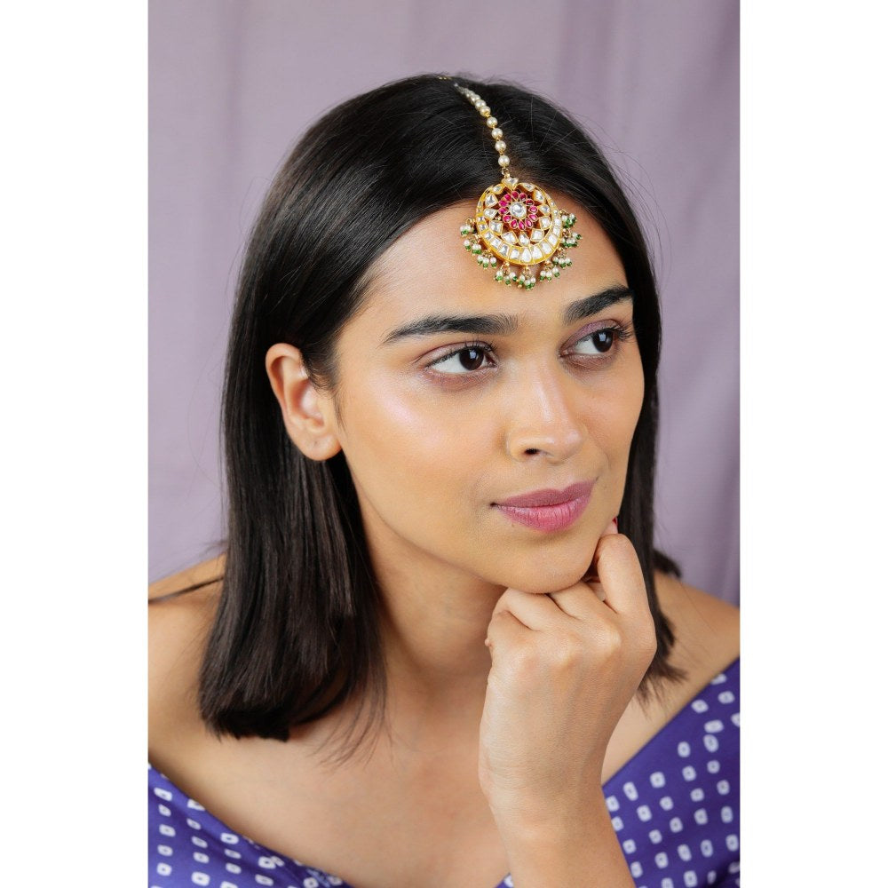 RIANA JEWELLERY Women Gold Plated Ethnic Pink Green Mang Tikka