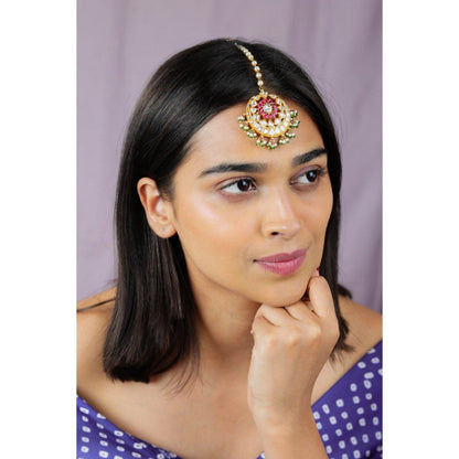 RIANA JEWELLERY Women Gold Plated Ethnic Pink Green Mang Tikka