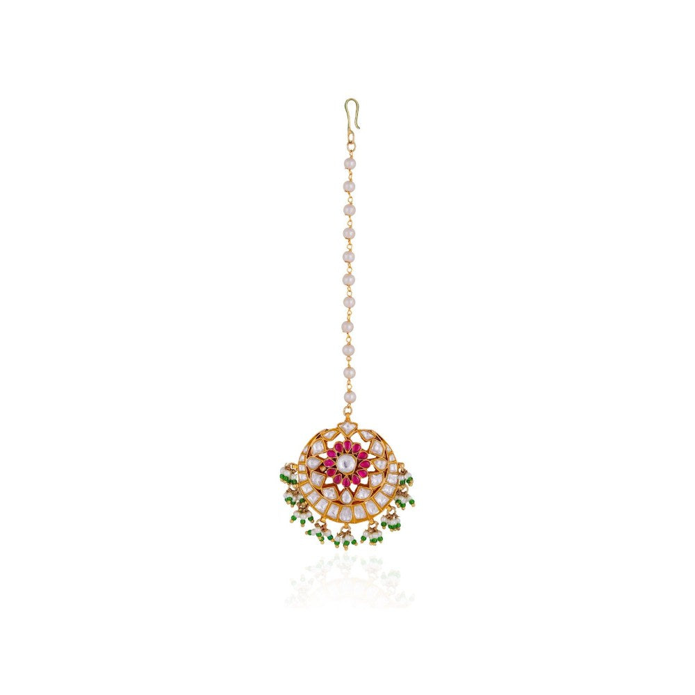 RIANA JEWELLERY Women Gold Plated Ethnic Pink Green Mang Tikka