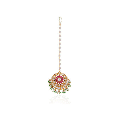 RIANA JEWELLERY Women Gold Plated Ethnic Pink Green Mang Tikka