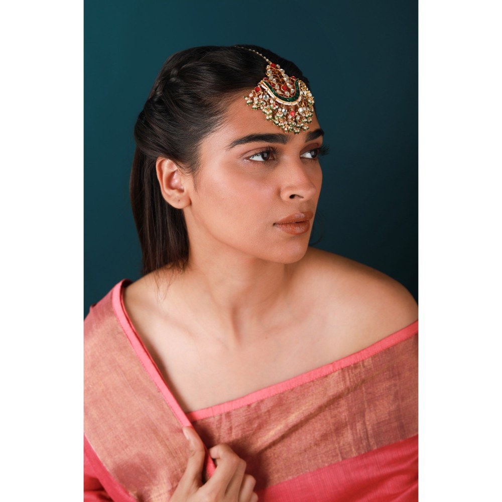 RIANA JEWELLERY Indian Forehead Jewellery/Jadtar Pink Green Maang Tikka
