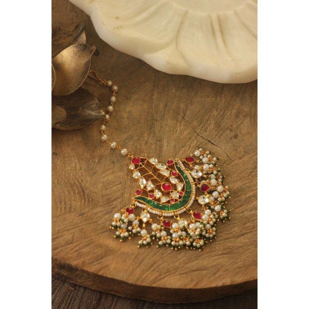 RIANA JEWELLERY Indian Forehead Jewellery/Jadtar Pink Green Maang Tikka