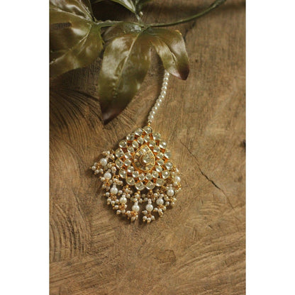 RIANA JEWELLERY Traditional Gold Plated Pearl Beads Jadtar Maang-Tikka