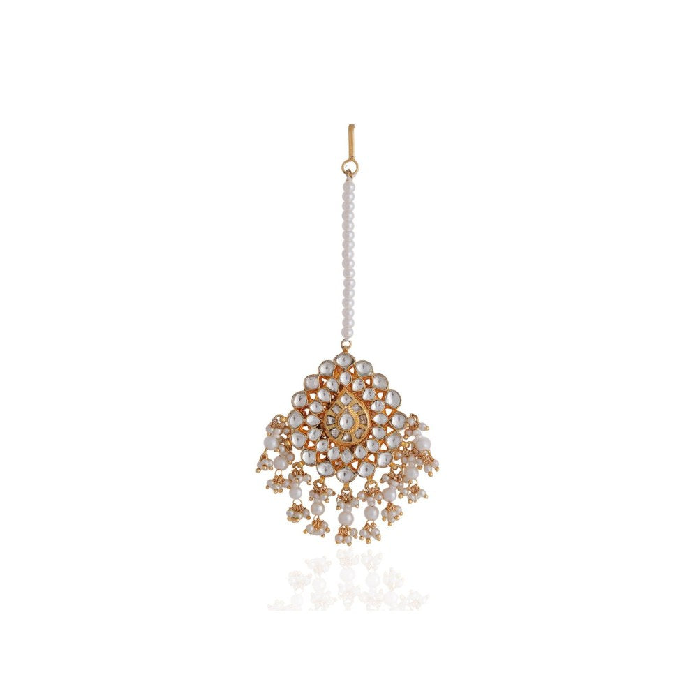 RIANA JEWELLERY Traditional Gold Plated Pearl Beads Jadtar Maang-Tikka