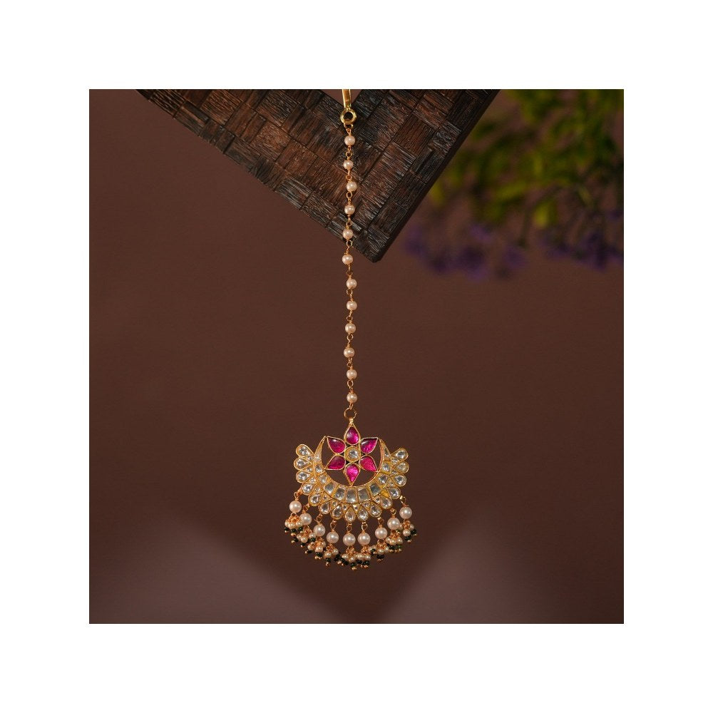 RIANA JEWELLERY Pink And White Jadtar Maangtika With White Hangings