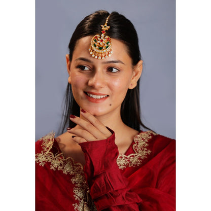 RIANA JEWELLERY Green Floral With Green Stone Work Maang Tikka