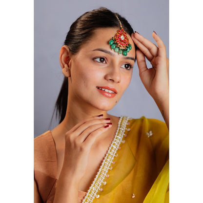 RIANA JEWELLERY Pink Stone With White Pearl Maang Tikka
