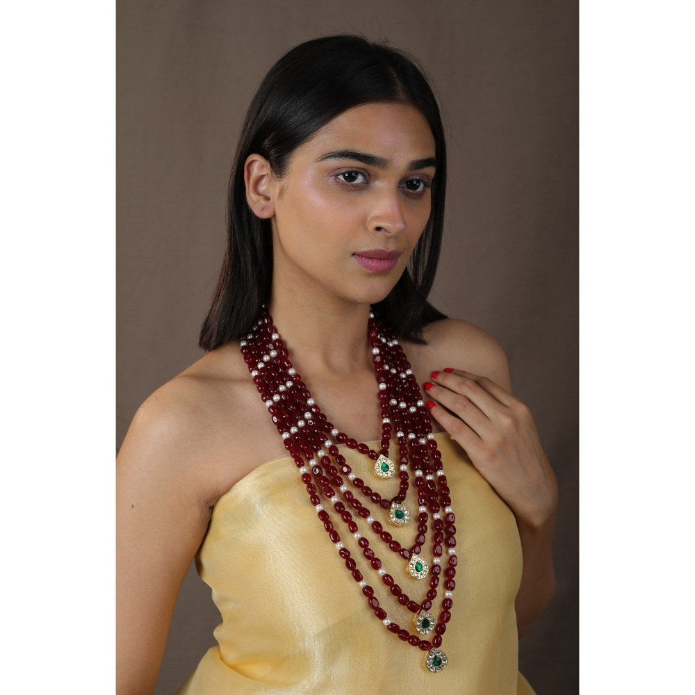 RIANA JEWELLERY Red And Green Elegant Wear Long 5 Layer Necklace