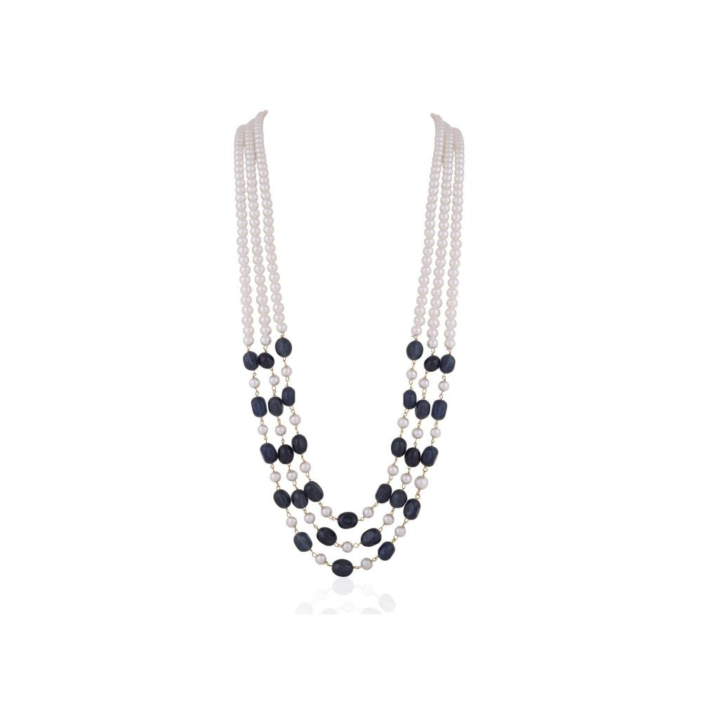RIANA JEWELLERY Blue And White 3 Layered Sapphire Gemstone Beaded Necklace Maala