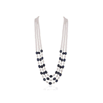 RIANA JEWELLERY Blue And White 3 Layered Sapphire Gemstone Beaded Necklace Maala