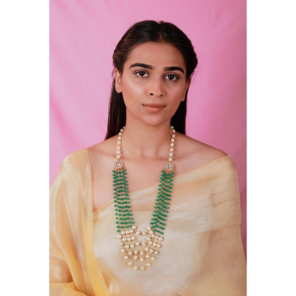 RIANA JEWELLERY Elegant 5 Line Maala In Emeralds And Pearls Along With Flower Motives And Pearls