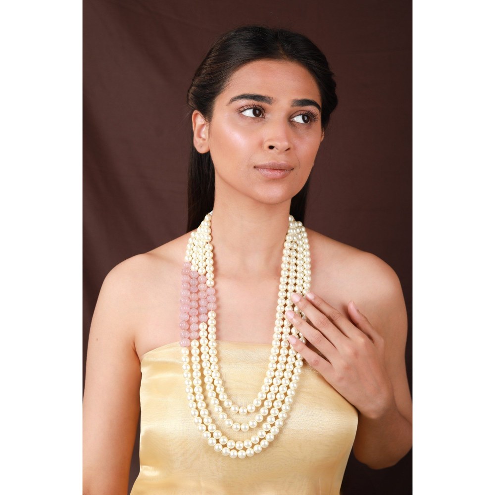 RIANA JEWELLERY Pearl Necklace With Pastel Pink Beads For Women