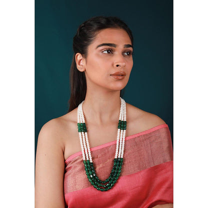 RIANA JEWELLERY Emerald Green Beaded Maala Three Layered Pearl Necklace