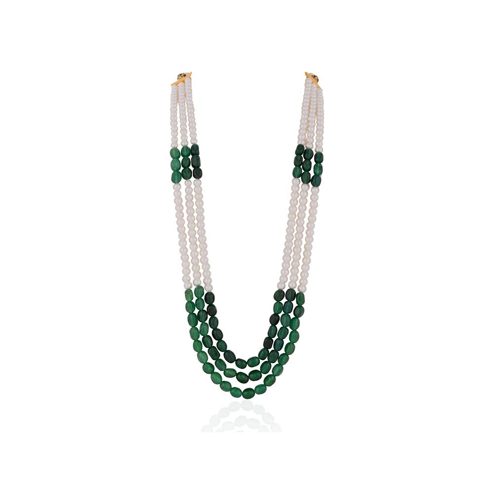 RIANA JEWELLERY Emerald Green Beaded Maala Three Layered Pearl Necklace