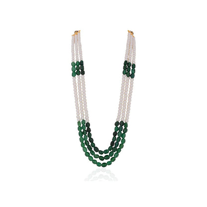 RIANA JEWELLERY Emerald Green Beaded Maala Three Layered Pearl Necklace