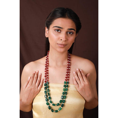 RIANA JEWELLERY Ruby Tumble Beads And Emerald Green Beads Necklace Maala