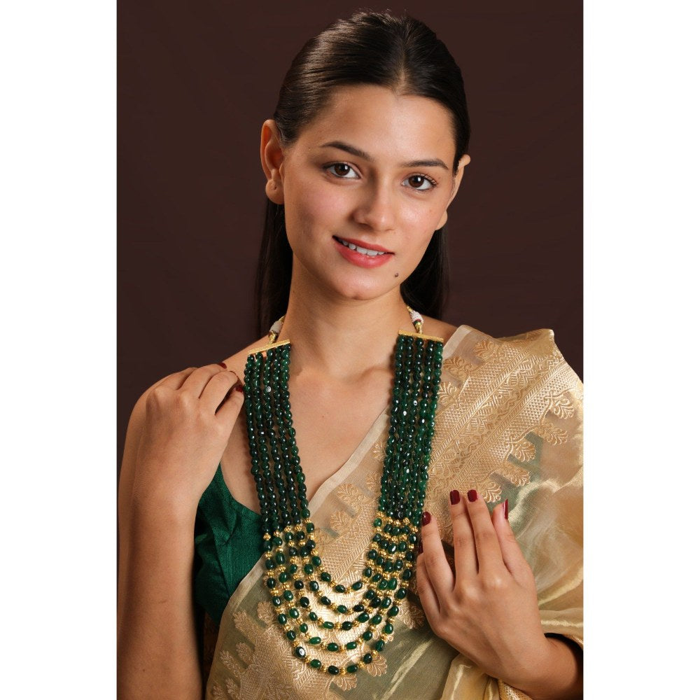 RIANA JEWELLERY Green Long Necklace With Golden Beaded For Women