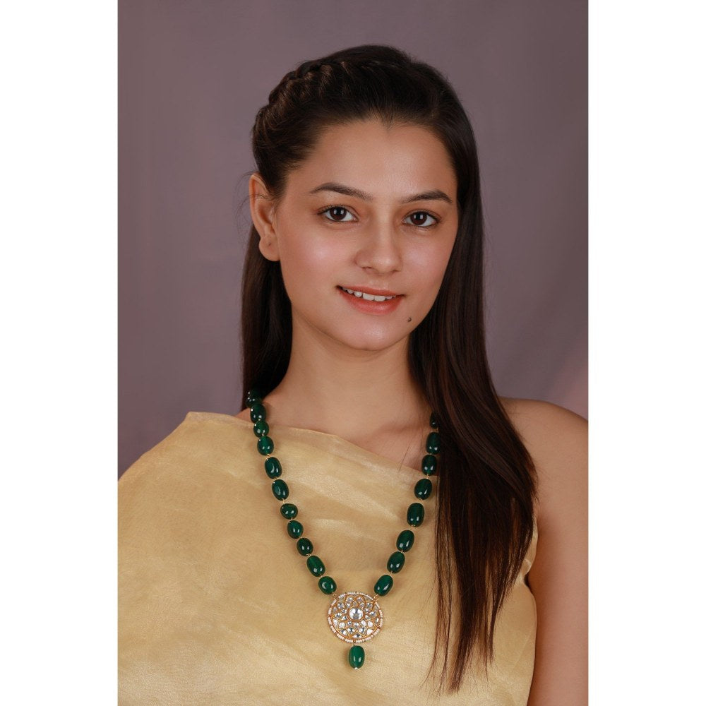 RIANA JEWELLERY Emerald Green Beaded Long Necklace With Round Stone Pendant