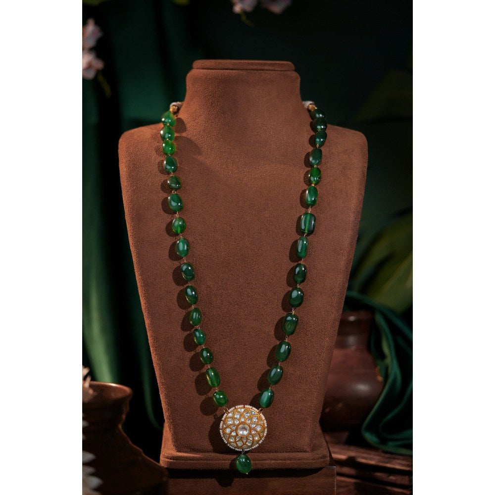 RIANA JEWELLERY Emerald Green Beaded Long Necklace With Round Stone Pendant