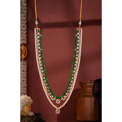 RIANA JEWELLERY Emerald Green Beads With White Jadtar Stone And Pearl Two Layered Necklace