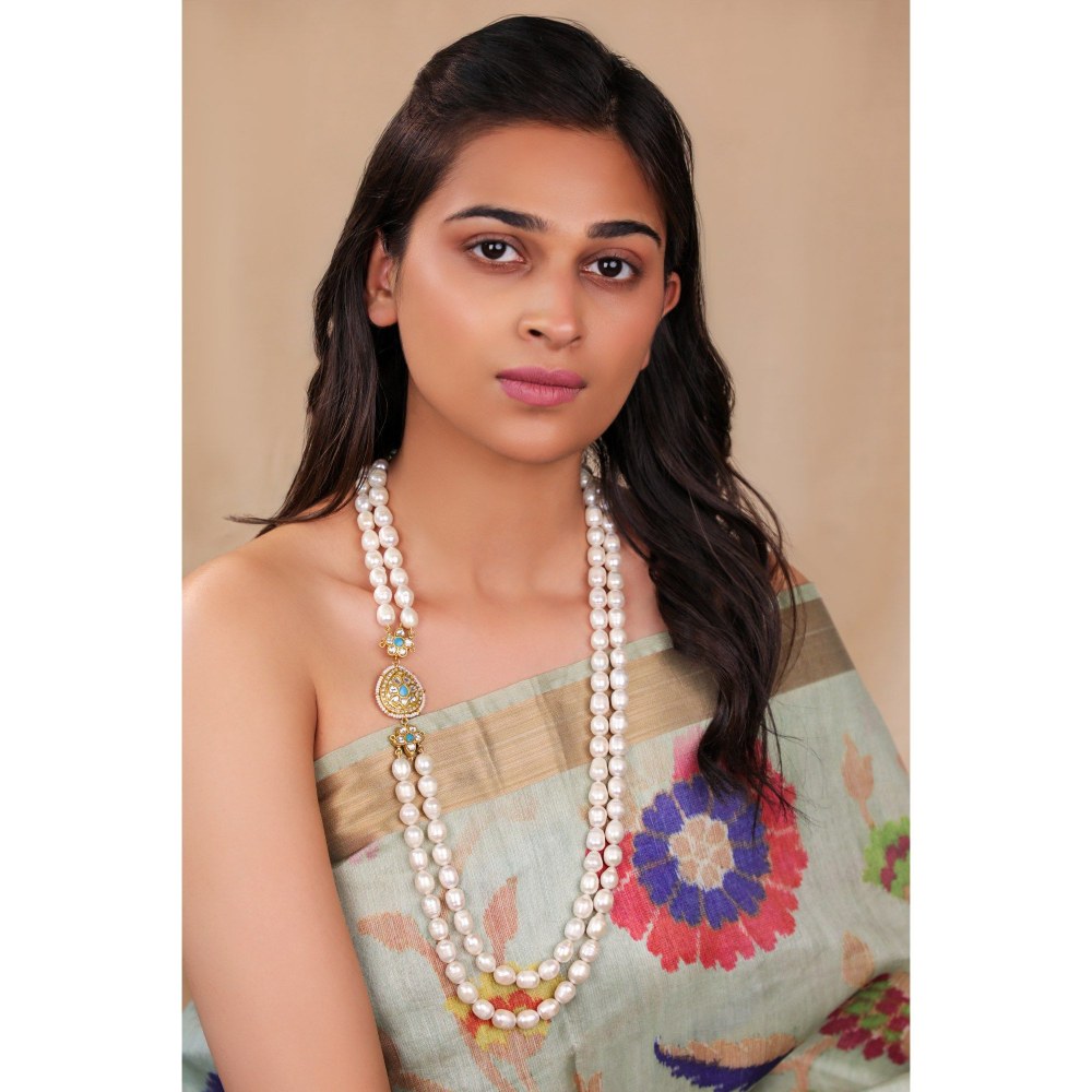 RIANA JEWELLERY Delicate 2 Line Maala Necklace With Side Pendant And A Little Touch Of Blue